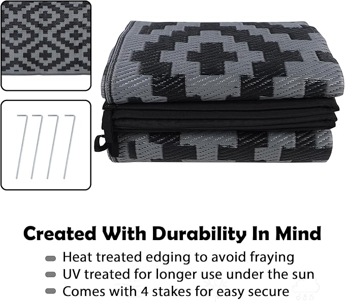 SAND MINE Waterproof Outdoor Rug 8x8 ft, Plastic Reversible Rug, Modern Area Rug, Large Floor Mat for Outdoors, RV, Patio, Backyard, Deck, Picnic, Beach, Camping (8' x 8', Black Grey Lattice)