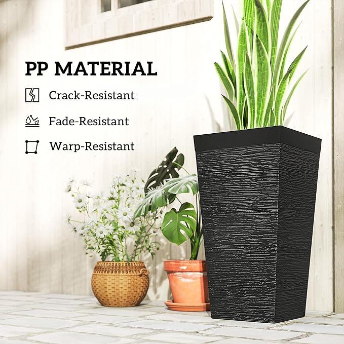 Outsunny 22.8 Inch Tall Planters for Outdoor Plants, Set of 3 Plastic Flower Pots with Stone Finish and Wheels, Stackable Tapered Planters with Drainage Hole for Indoor Plants, Front Porch, Black