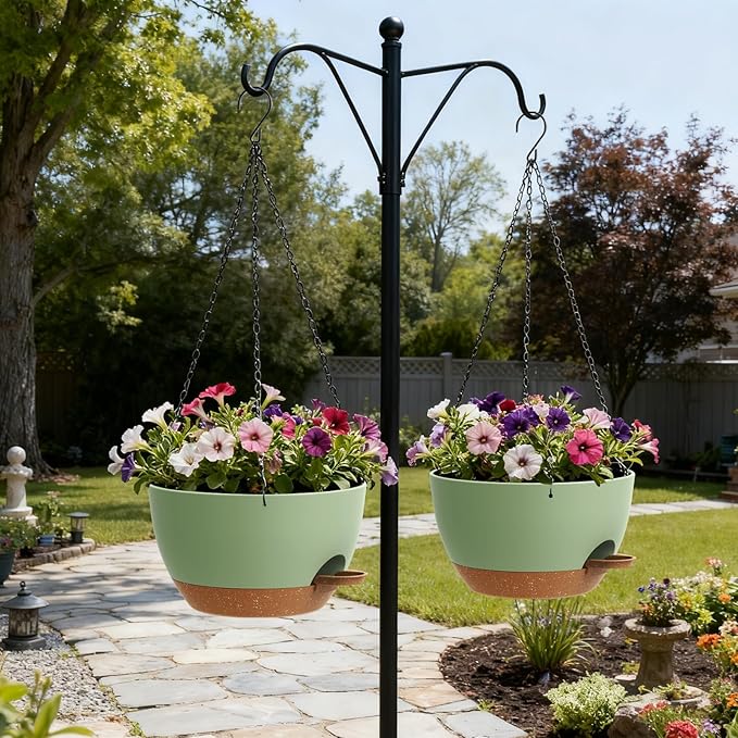 13 Inch 2 Pack Large Self Watering Hanging Planters for Indoor Outdoor Plants, Hanging Plant Pots with Removable 50 Oz Reservoir, Plastic Hanging Basket for Window Porch Garden, Green with Brown