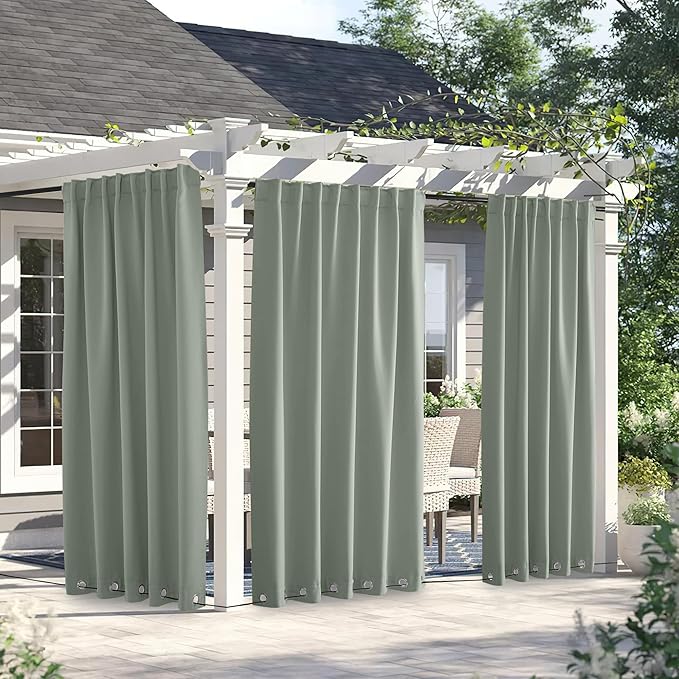 NICETOWN 2 Panels Outdoor Curtains for Patio Waterproof & Windproof, Thermal Insulated Top & Bottom Grommet & Back Tab Sun Blocking Outdoor Drapes with Fixed Rope for Gazebo, Sage Green, W66 x L90