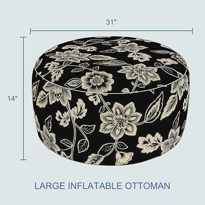 LVTXIII Indoor/Outdoor Extra Large Inflatable Ottoman Pouf D31 x H14 Inch, Round Footstool with Handle, Weather-Resistant Portable Furniture for Patio, Camping, Beach, Elegant Vines Black