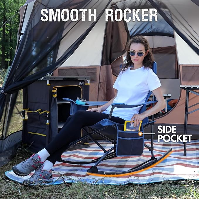 Portal Folding Camping Rocking Chair Portable Outdoor Rocker High Back Cup Holder Side Pocket Carry Bag Included, Support 300 lbs