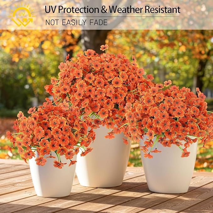 MACTING Artificial Fall Flowers for Outdoors 12 Bundles Faux Mums Plants Fake Silk Outdoor Flowers UV Resistant No Fade for Planters Front Door Porch Patio Outside Thanksgiving Autumn Decor,Orange
