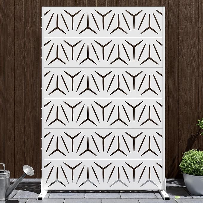 Casaphoria Metal Privacy Screen Outdoor, 72" H x 47" W Freestanding Decorative Privacy Screen for Patio Deck Balcony Garden with Stable Base, White-Star