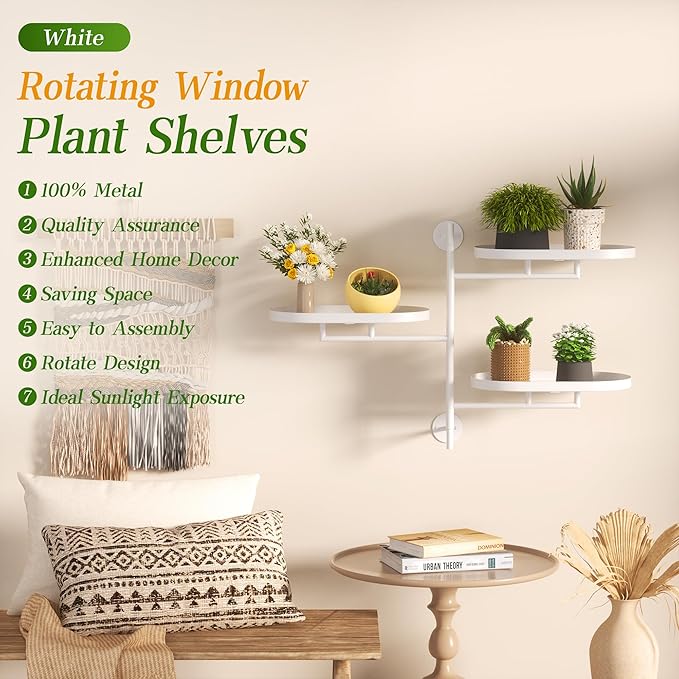 Window Rotating Plant Stand Shelf Indoor White Metal Floating Shelves 3-Tier Wall Mount Plant hanger Holders for Wall Planter Modern Home Decor window sill gifts