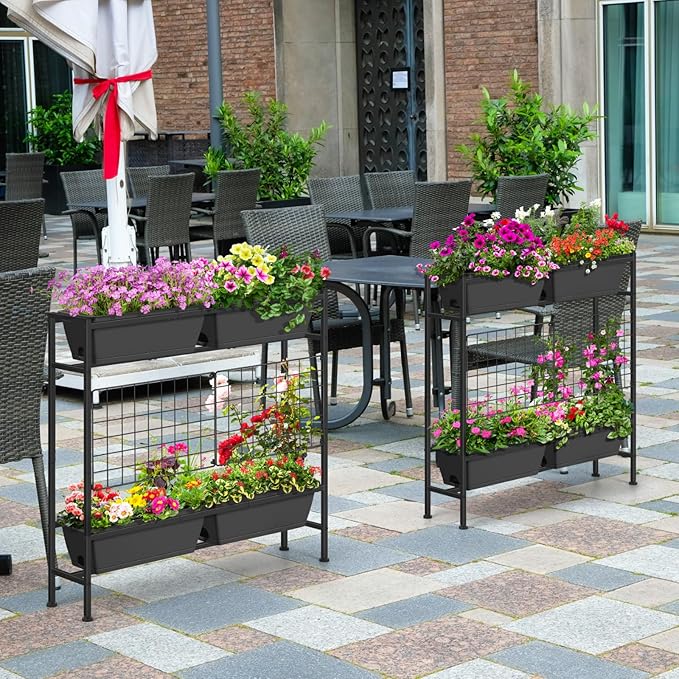 OYEAL Raised Garden Bed with Legs & Trellis, 32" Tall Vertical Garden Planter Boxes Outdoor Flower Bed for Gardening, Vegetables, Flowers, Herbs, Backyard, Grey