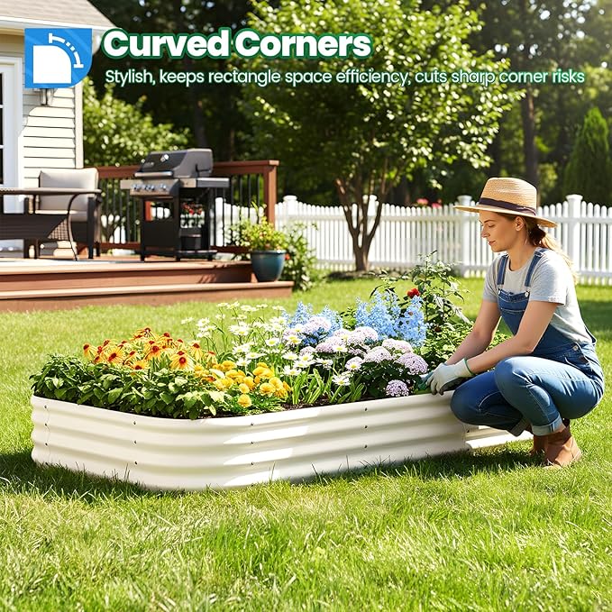 Quictent Galvanized Raised Garden Bed Kit, 8x4x1 ft Oval Metal Planter Box for Vegetables, Strengthened by Crossbar, Beige, 2PCS