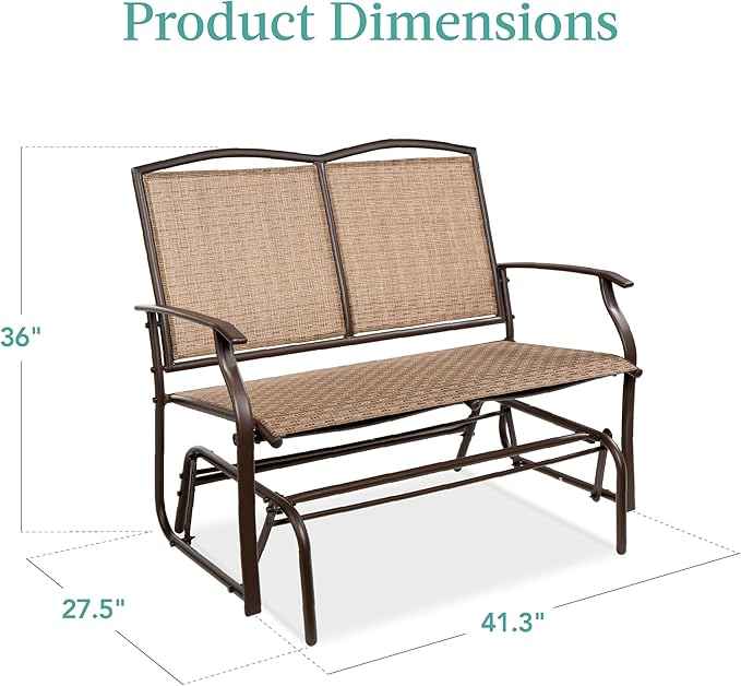 Best Choice Products 2-Person Outdoor Patio Swing Glider Steel Bench Loveseat Rocker for Deck, Porch w/Textilene Fabric, Steel Frame - Brown