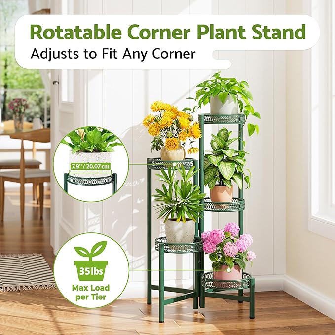 5-Tier Metal Plant Stand Indoor Outdoor, Corner Tall Plant Shelf for Multiple Plants, Foldable Plant Stand, Heavy Duty Flower Stand Holder for House Living Room Balcony Garden Patio -GreenFlower