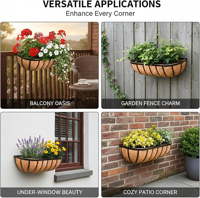 30“ Window Box Railing Planter with Coco Liner Metal Wall-Mounted Coconut Liner Planter Basket English Horse Trough Planters for Outdoor Deck Balcony Porch Fence Patio Black (2 Pack)