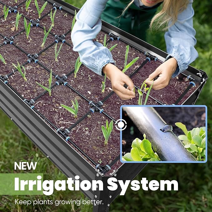 KING BIRD Raised Garden Bed with Irrigation System and Legs Galvanized Elevated Planter Box for Backyard, Patio, Balcony, 600lb Capacity, Dark Grey, 70.9x22.8x31.5 in