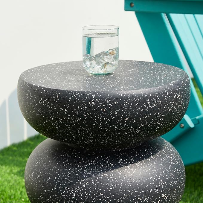 Glitzhome Outdoor Side Table Set of 2, 18" H Decorative Garden Stool MgO Faux Terrazzo End Table, Heavy Duty Indoor Outdoor Round Planter Stand for Living Room Bedroom Patio Deck Poolside,Black
