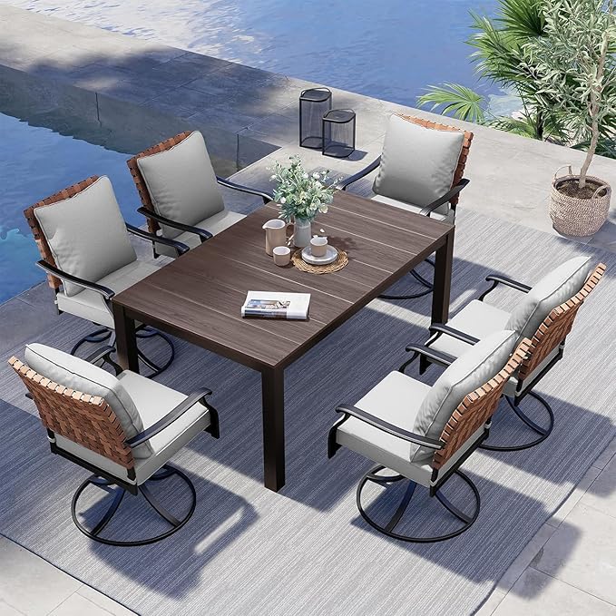 Grand patio 7-Piece Outdoor Dining Set, 6 Leather-Look Wicker Swivel Patio Chairs & 1 Rectangular Faux Woodgrain Dining Table, Dark Brown
