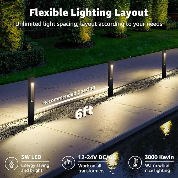 SUNVIE All-In-One LED Low Voltage Landscape Lighting Kit 12 Pack Low Voltage Pathway Lights with 60W Transformer ETL Listed 100FT Wire for Path Garden, Waterproof Pathway Lights Wired, 3000K, Aluminum
