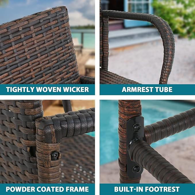 SUPER DEAL Upgraded Wicker Bar Stool Chairs Outdoor Backyard Rattan Chair w/Iron Frame, Armrest and Footrest (4)