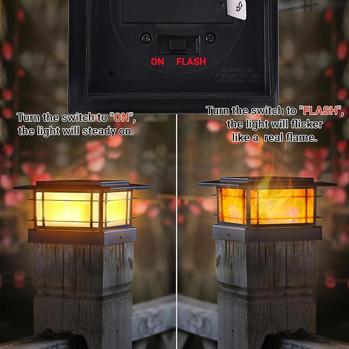 Dynaming 6 Pack Solar Post Cap Lights Outdoor with Flickering Flame Light, Fence Post Solar Lights Fit for 4x4 5x5 6x6 Vinyl/Wooden Posts, High Brightness SMD LED Lighting Decor for Garden Deck Patio