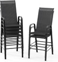 VINGLI Outdoor Bar Chairs Set of 6 – Stackable Outdoor Bar Stools with Sturdy Sling High Back and Armrests for Lawn, Courtyard, Garden, Bar, Black