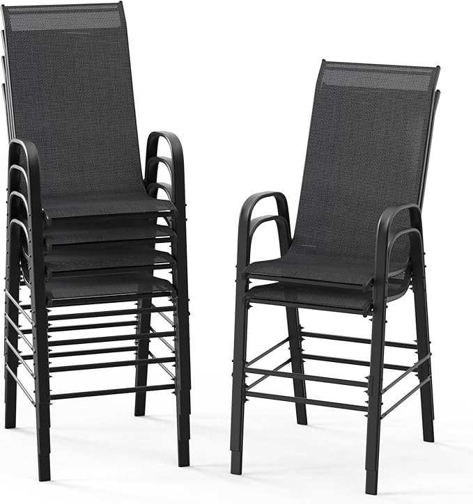 VINGLI Outdoor Bar Chairs Set of 6 – Stackable Outdoor Bar Stools with Sturdy Sling High Back and Armrests for Lawn, Courtyard, Garden, Bar, Black