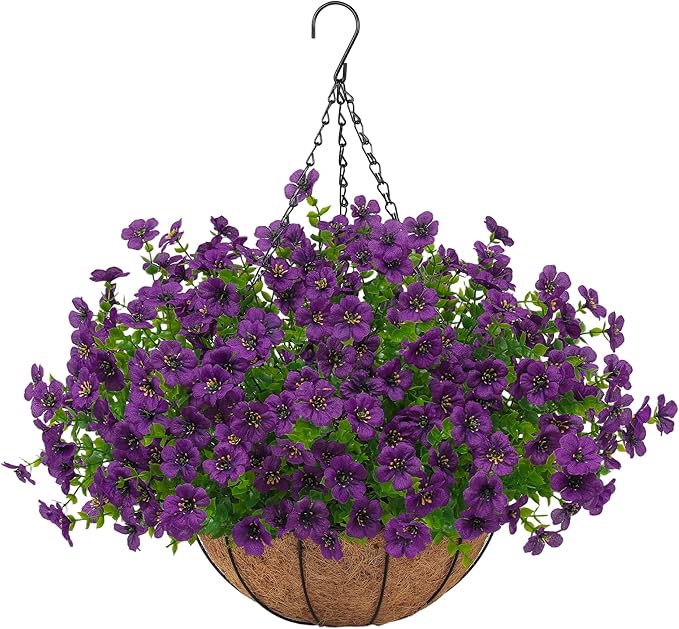 Artificial Faux Hanging Plants Flowers Basket for Outdoors Spring Summer Decoration, Hanging Planters with Fake Silk Flowers UV Resistant Realistic for Outside Porch Patio Balcony Garden Home （Purple）