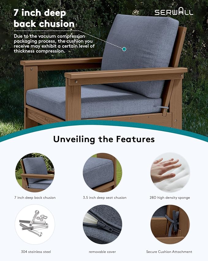 SERWALL HDPE Patio Sofa Set, 3-piece Sectional Outdoor Furniture Set, All Weather Outdoor Couch Set Patio Furniture Set for Deck, Lawn, Brown Frame with Grey Cushion