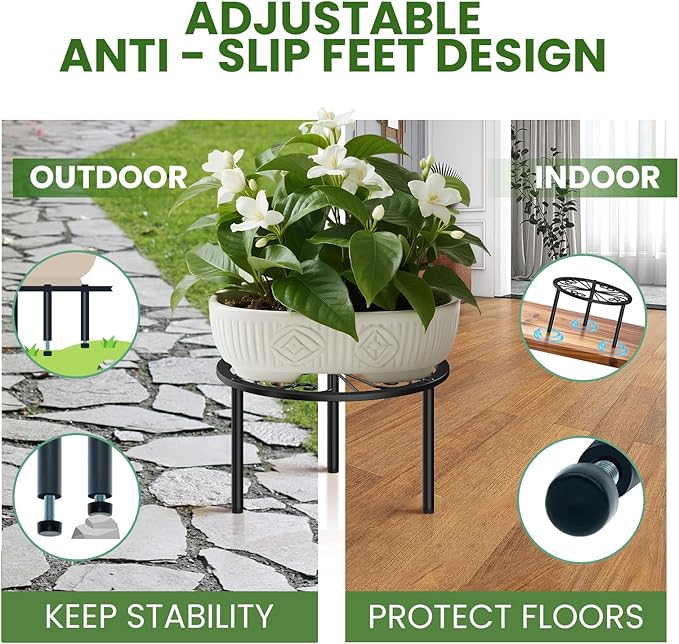 TOSKING Heavy Duty Metal Plant Stand - 7.9-inch Decorative Round Plant Stand, Adjustable Leveling Feet & Rust-Resistant Finish for Indoor/Outdoor Use