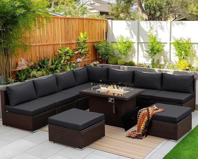 NICESOUL 10 Piece Outdoor Patio Furniture Set with Fire Pit Natural Gas/Propane, 29.3'' High-Back XL Big Size Wicker Sectional Sets, Deep Wide Sofa Couch for Outside, Brown Rattan and Grey Cushion