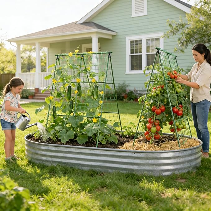 Miory Cucumber Trellis for Raised Beds, 2 Pack 32x48" A-Frame Garden Trellis, Climbing Plant Support with Netting for Cucumber Tomato Bean Pea