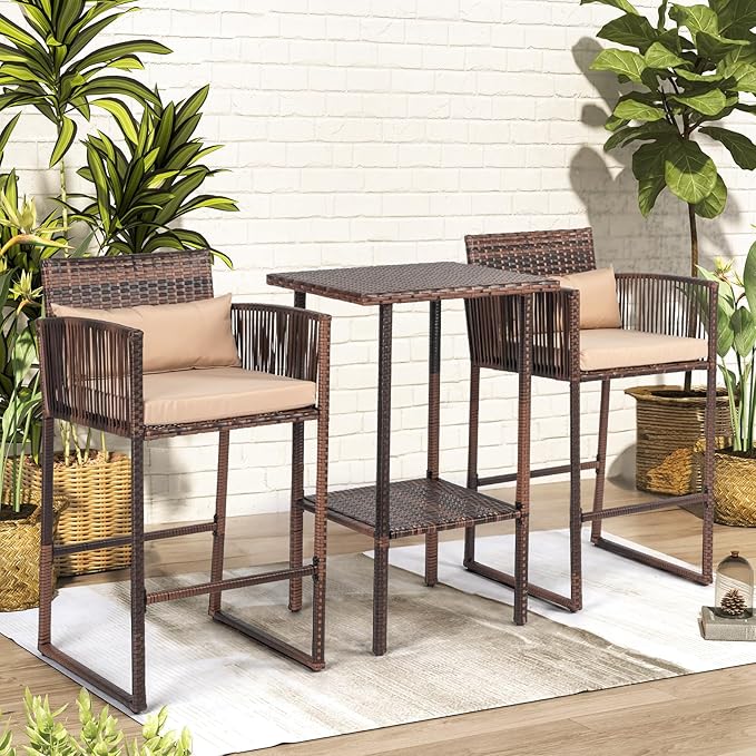 VINGLI 3 PCS Patio Bar Set Wicker, Outdoor Bar Table and Bar Stools with Storage Shelf and Cushions, Bar Height Outdoor Table and Chairs Wicker Furniture
