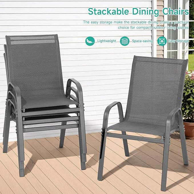 Patio Chairs Set of 4, All Weather Breathable Stackable Outdoor Dining Chairs with High Back and Wide Seat, Easily Set Up Outdoor Chairs Set of 4 with Metal Frame for Backyard Garden Pool, Grey