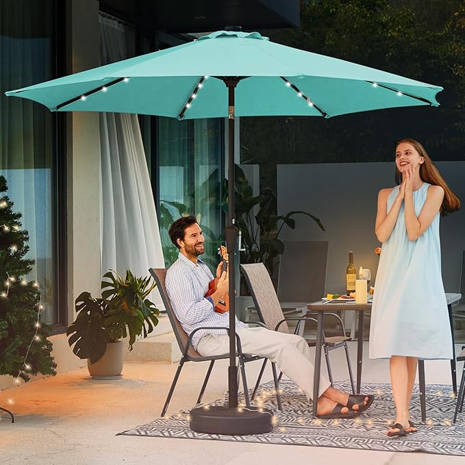 JEAREY 9FT Outdoor Patio Umbrella with Solar Lights, LED Lighted Pool Umbrella with Tilt and Crank, Outdoor Table Umbrellas for Deck, Yard & Market (Teal)