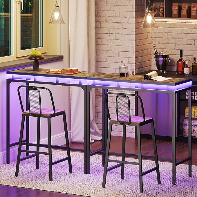 Bar Table with LED Lights, Counter Height Bar Height Table, Pub Gaming Table, Metal Frame, for Living Room, Dining Room, Pub, Rustic Brown and Black BT01DBR