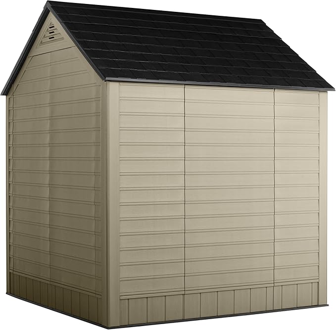 Rubbermaid Resin Outdoor Storage Shed with Floor (7 x 7 Ft) Weather Resistant, Brown Gable, Organization for Home/Backyard/Garden Tools/Lawn Mower/Bike Storage/Pool Supplies