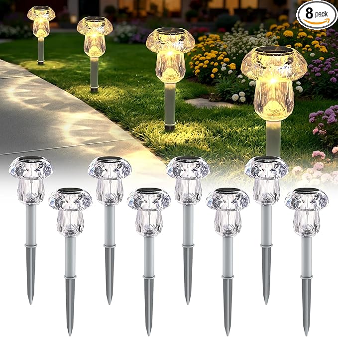 Mancra 8 Pack Solar Pathway Lights Outdoor, Mushroom Solar Garden Lights Waterproof Dusk to Dawn Solar Outdoor Lights for Yard, Walkway, Garden Decorations, Warm White
