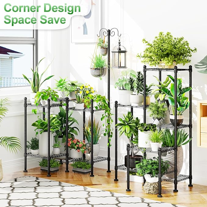 Plant Stand Indoor Outdoor, Heavy Duty Metal Waterproof 6 Tiered Plant Shelf for Multiple Flower Planter Holder Rack, Black - C6