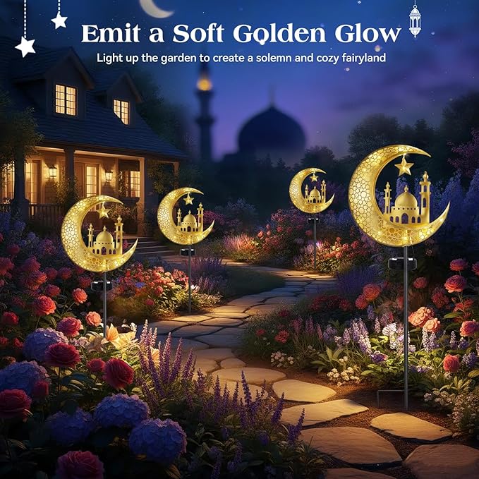 Lewondr 2Pcs Ramadan Solar Lights, Ramadan Decorations Outdoor, Metal Yard Signs LED Eid Decorations Mubarak Star Moon Castle, Waterproof Solar Garden Stakes Lights for Walkway Lawn Patio