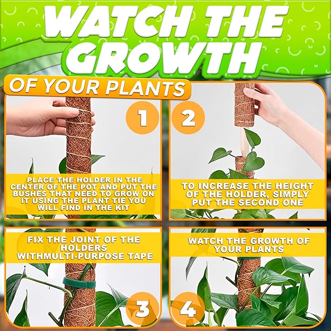 Moss Pole 26.4" Small Monstera Plant Support 2 Pcs Set - Pothos Plant Climber Support with Connectable Design and Fixation Strip - Coconut Fiber Moss Poles for Monstera, Money Plants, Philodendron