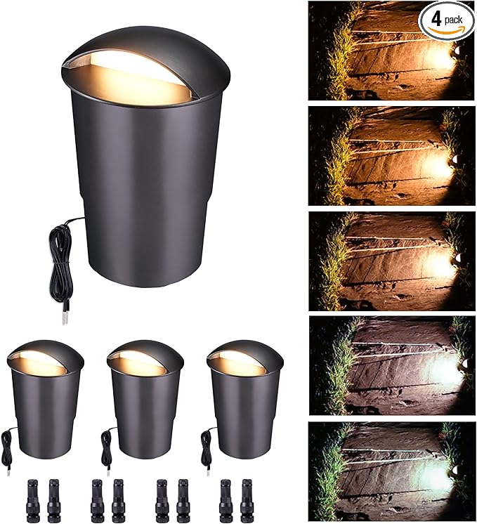 In Ground Landscape Lighting Low Voltage - 2700K-5000K 5 Color Selectable LED IP67 Well Lights, Turret Top 12V Outdoor in-Grade Light, ORB Aluminum for Driveway Garden Lawn 3W 170LM 4 Pack