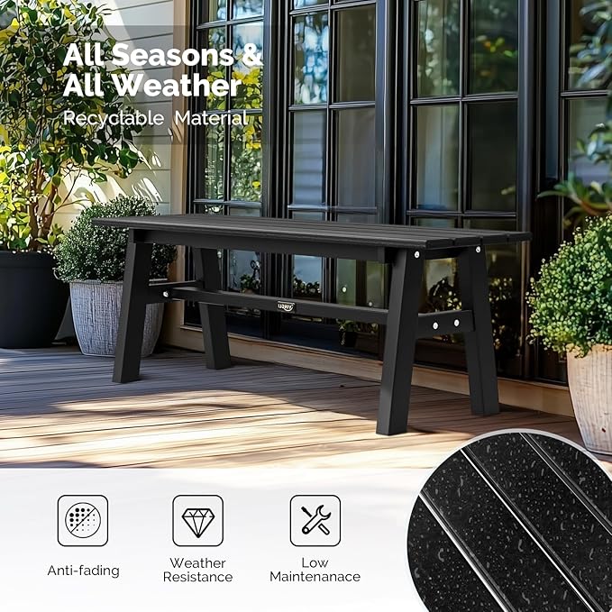 VINGLI 47” Outdoor HDPE Bench, Weatherproof Garden Bench w/Metal Legs, Poly Lumber Porch Benches, 660 LBS Capacity Outdoor Backless Patio Benches for Entryway Deck (Black)