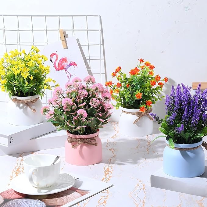 Cindeer 16 Pcs Large Artificial Potted Flowers Fake Potted Plants Plastic Faux Flowers for Home Decor Indoor Artificial Plants in Pots for Wedding Home Desk Tabletop Outdoor Office Kitchen (Gentle)