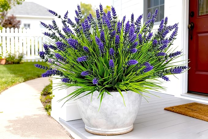 Artificial Plants Outdoor, 22 Pcs Fake Flowers UV Resistant Outdoor Artificial Lavender Flowers, Plastic Faux Plants for Porch Garden Planter Yard Window Box