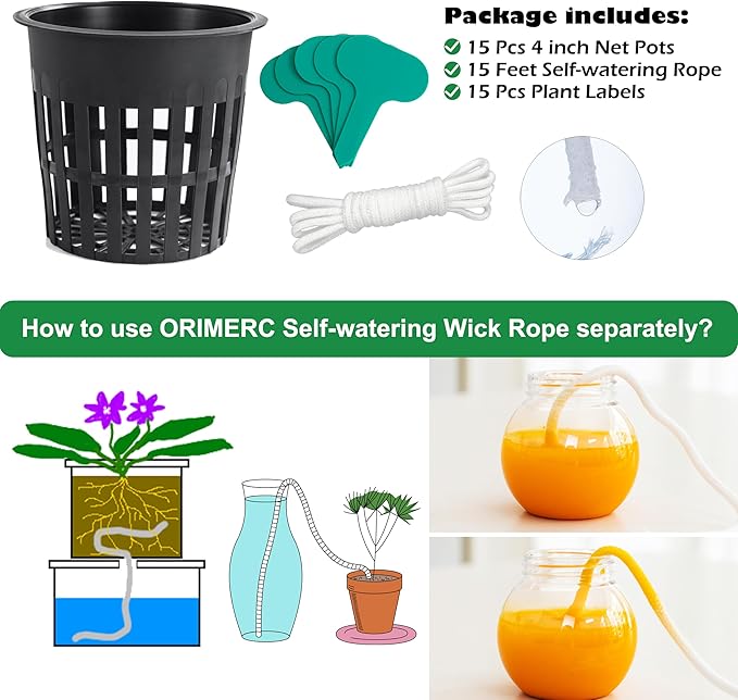 ORIMERC 4 inch 15 Pack Net Cups Pots, with 15 feet Self Watering Rope, 15 Plant Labels, for Hydroponics Aquaponics Kratky Orchid Vegetable Indoor Outdoor Growing Baskets Nursery Slotted Mesh BPA Free
