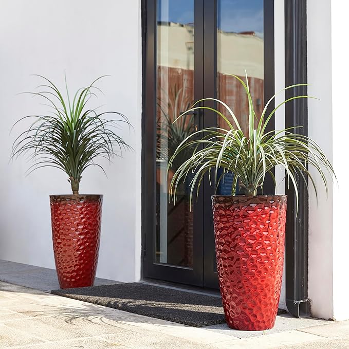 Glitzhome Large Planters for Outdoor Plant, 23.75" H Tall Outdoor Planter, Honeycomb Textured Gradient Red Plastic Planter, with Drainage Hole, Large Flower Pots for Porch Patio Deck Indoor, Set of 2