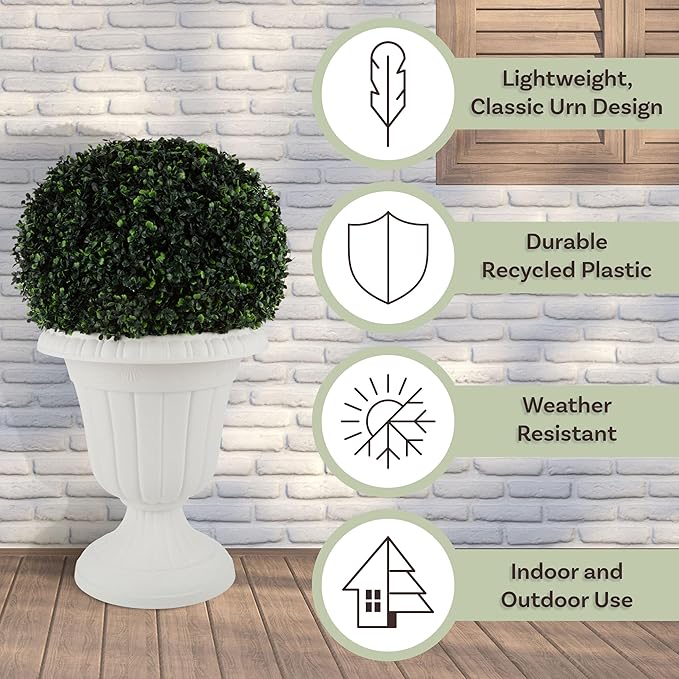 Outdoor Planter 2-Pack - 16x18-Inch Urn Planters - Plastic Plant Pots for Indoor, Outdoor, or Front Porch Decor - Flower Pots by Pure Garden (White)