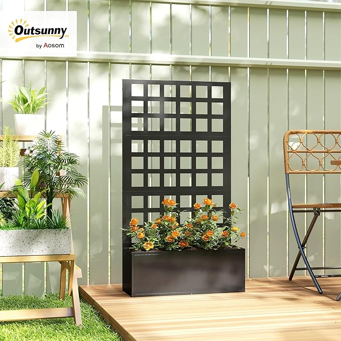 Outsunny Galvanized Raised Garden Bed with Trellis, Metal Planter Box with Drainage Holes, Outdoor Privacy Screen for Climbing Plants, Vegetable, Vines, 24" x 9" x 44.5", Black