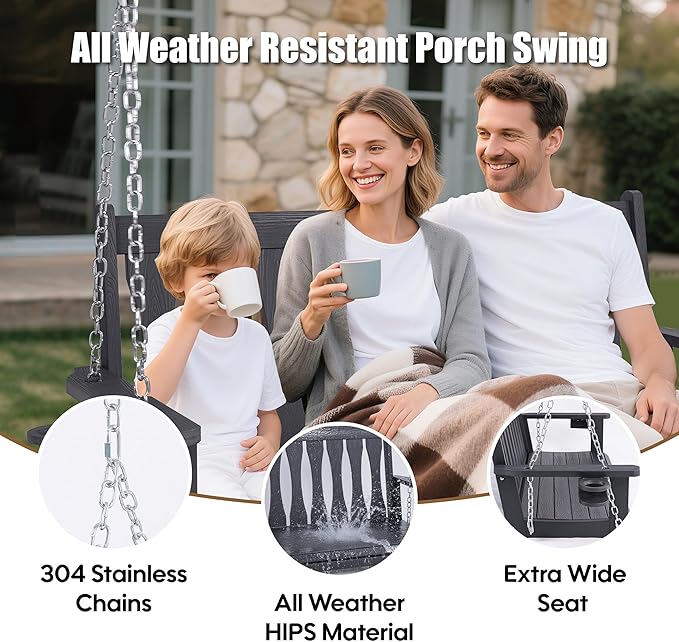 HIPS All-Weather Outdoor Hanging Porch Swing,2 Seat Hanging Swing Bench with Cup Holders,Patio Swing Chair with Hanging Chains for Courtyard & Garden