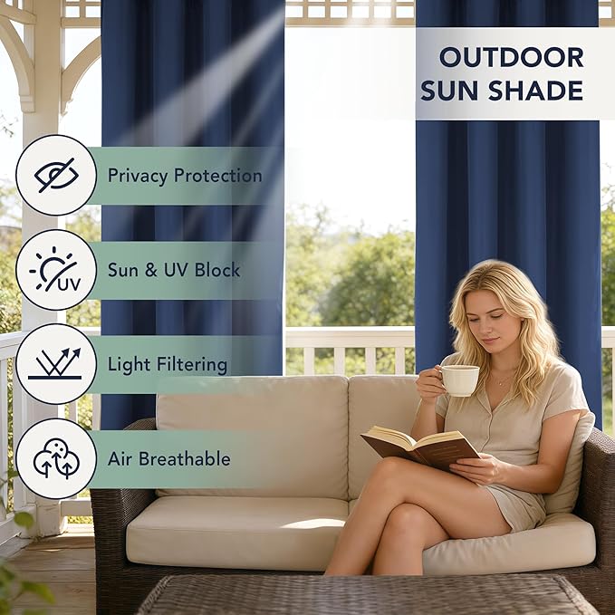 Outdoor Curtains for Patio Waterproof - 6 Panels Privacy Weatherproof Outside Curtains with Grommets for Pergola, Gazebo, Porch, Cabana, Balcony, 54 x 108 Inch, Navy