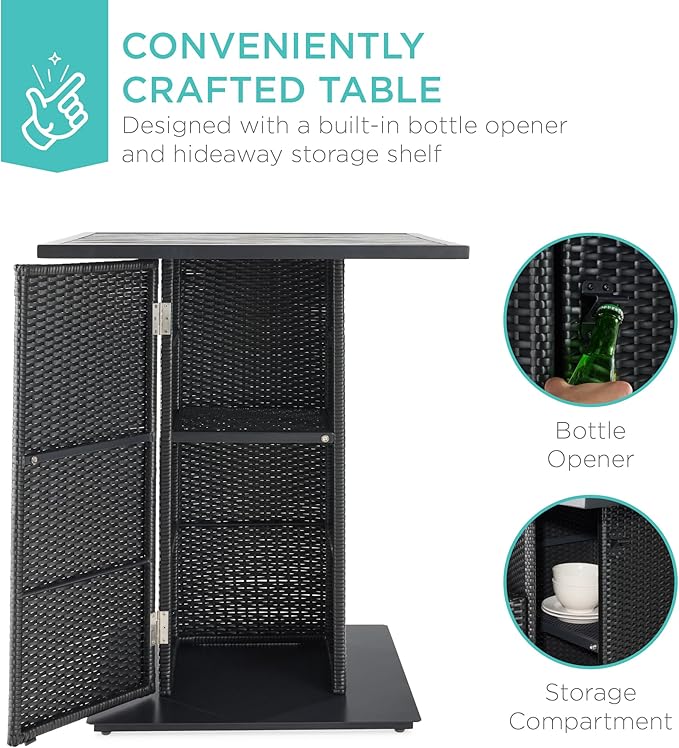 Best Choice Products 5-Piece Outdoor Wicker Bar Table Set for Patio, Poolside, Backyard w/Built-in Bottle Opener, Hidden Storage Shelf, Metal Tabletop, 4 Stools - Black