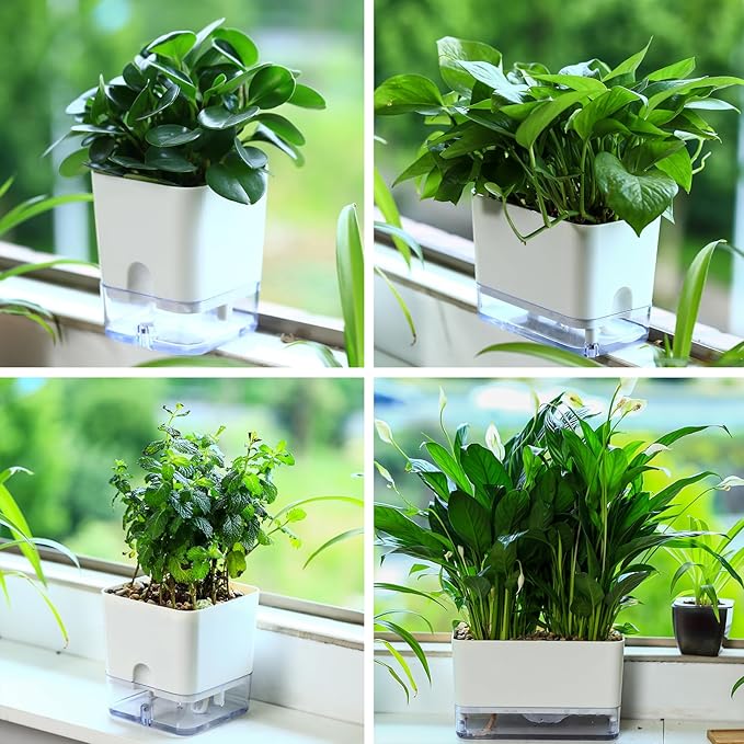 Planterhoma Self Watering Plant Pots for Indoor Plants 7/10 inch, 4 Packs Square Self-Watering Planters with Drainage Hole, White African Violet Pots for Devil's Ivy, Spider Plant, Orchid