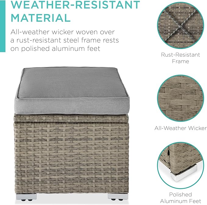 Best Choice Products Set of 2 Wicker Ottomans, Multipurpose Outdoor Furniture for Patio, Backyard, Additional Seating, Footrest, Side Table w/Storage, Removable Cushions - Cement Gray/Taupe