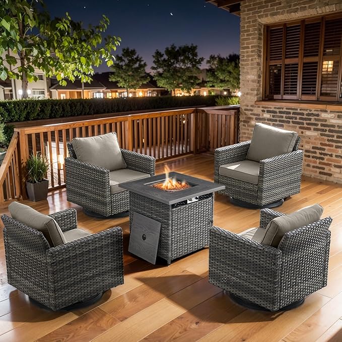 Belord 5 Pieces Wicker Patio Furniture Set: 4 Outdoor Swivel Glider Rocker Patio Conversation Set with 50000BTU Propane Fire Pit Table, All Weather Grey Rattan Anti-Rust Frame, Brown Cushion